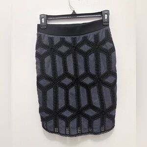 Embellished Black & Charcoal Geometric Stretch Pencil Skirt